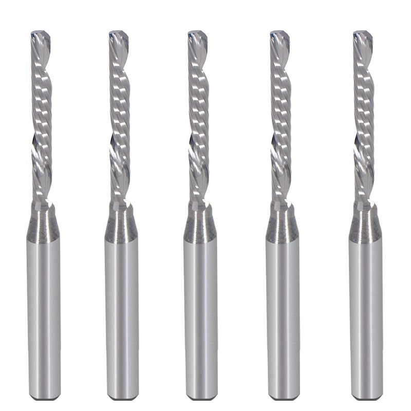 HOZLY 1/8 Inch Down Cut Single Flute (O Flute) Spiral End Mill CNC Router Bits ,with 0.08 Inch (2mm) Cutting Dia，43/64 Inch (17mm) Cutting Length for Acrylic PVC MDF Wood Pack of 5 - Image 1